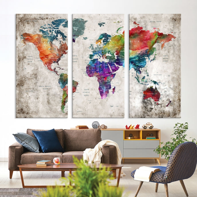 Framed Large World Map Wall Art Watercolor Push Pin Travel Map Canvas Print