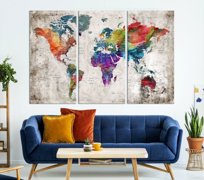 Framed Large World Map Wall Art Watercolor Push Pin Travel Map Canvas Print