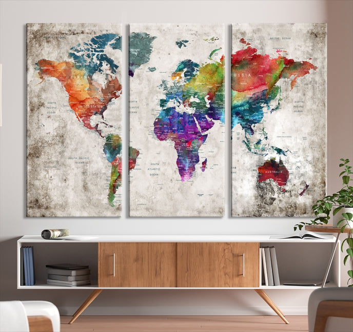 Framed Large World Map Wall Art Watercolor Push Pin Travel Map Canvas Print