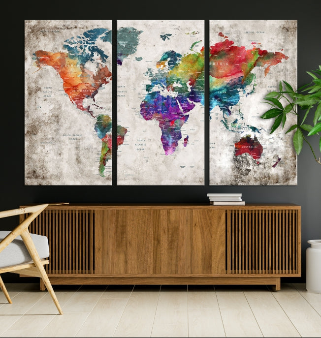 Framed Large World Map Wall Art Watercolor Push Pin Travel Map Canvas Print