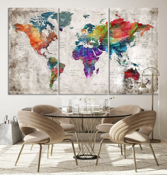 Framed Large World Map Wall Art Watercolor Push Pin Travel Map Canvas Print