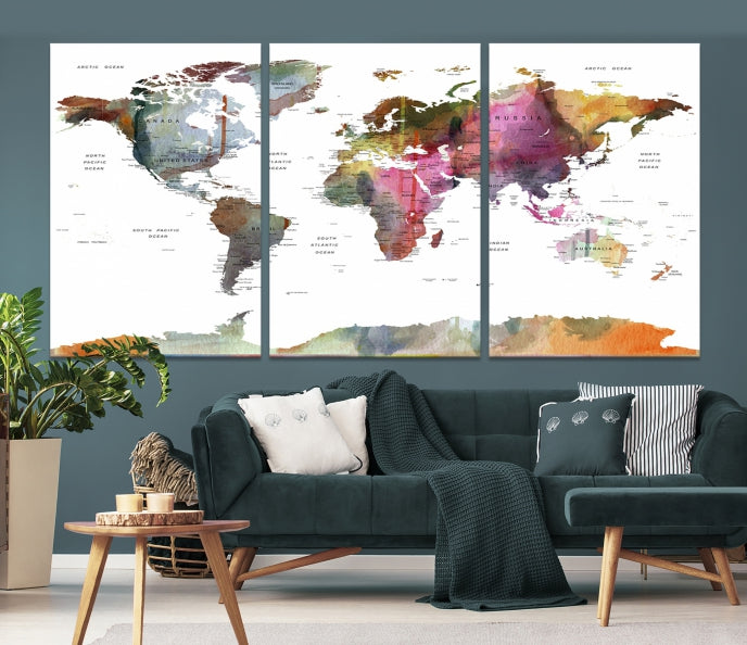 Framed Push Pin World Map Artwork Extra Large Travel Map Wall Art Canvas Print