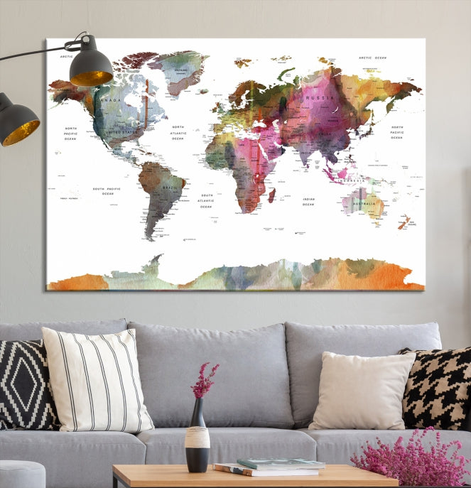 Framed Push Pin World Map Artwork Extra Large Travel Map Wall Art Canvas Print