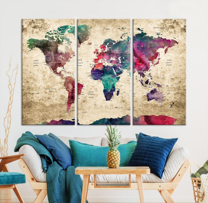 Framed Push Pin World Map Detailed Old Style Canvas Wall Art Print