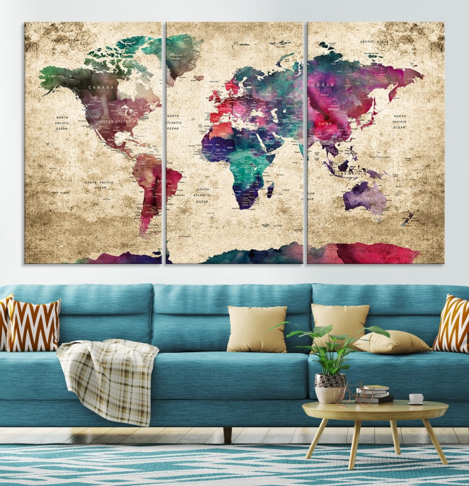 Framed Push Pin World Map Detailed Old Style Canvas Wall Art Print