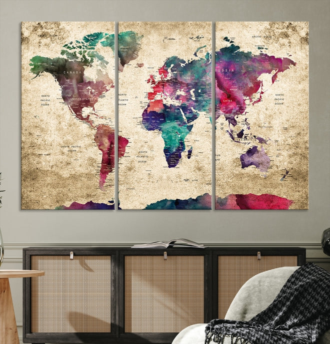 Framed Push Pin World Map Detailed Old Style Canvas Wall Art Print