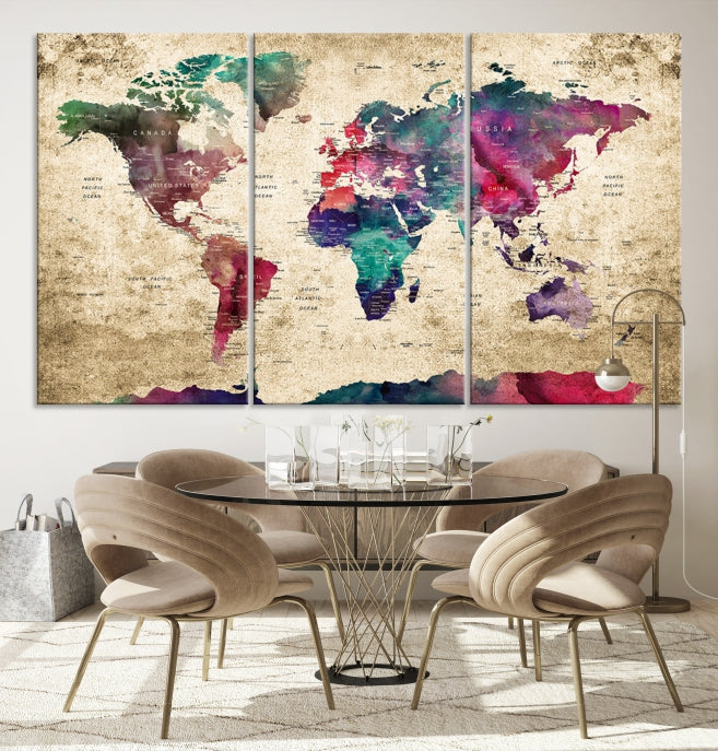 Framed Push Pin World Map Detailed Old Style Canvas Wall Art Print