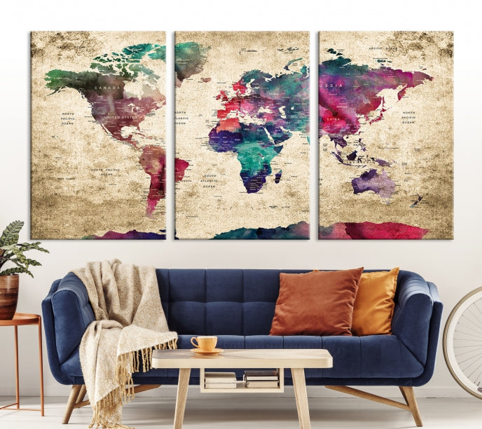 Framed Push Pin World Map Detailed Old Style Canvas Wall Art Print