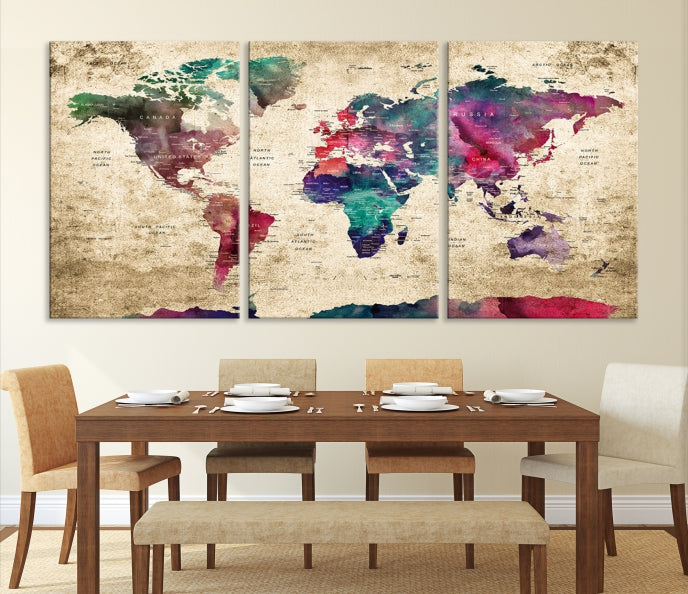 Framed Push Pin World Map Detailed Old Style Canvas Wall Art Print