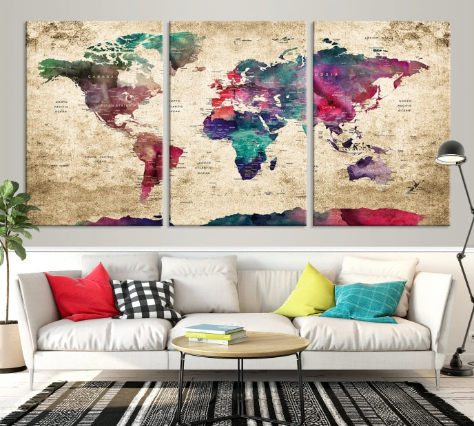 Framed Push Pin World Map Detailed Old Style Canvas Wall Art Print