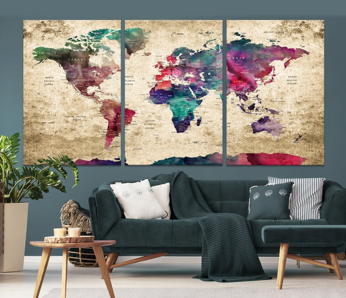 Framed Push Pin World Map Detailed Old Style Canvas Wall Art Print