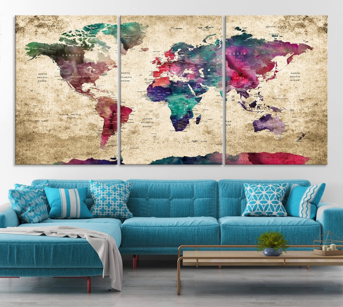 Framed Push Pin World Map Detailed Old Style Canvas Wall Art Print