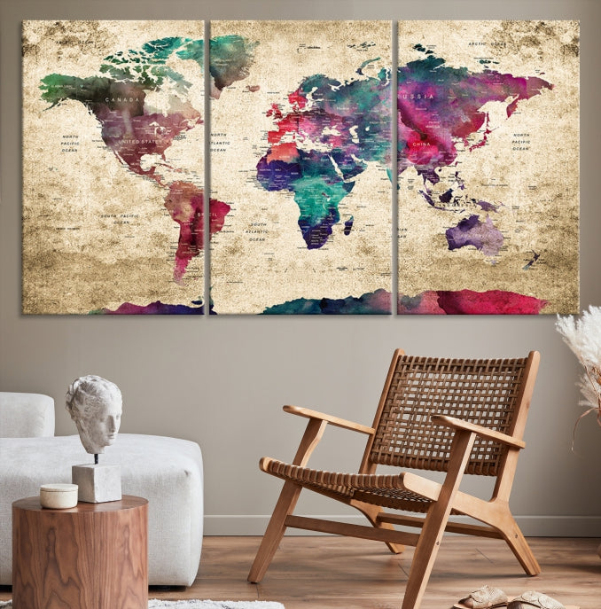 Framed Push Pin World Map Detailed Old Style Canvas Wall Art Print