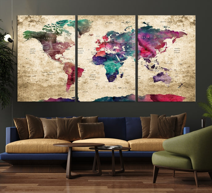 Framed Push Pin World Map Detailed Old Style Canvas Wall Art Print