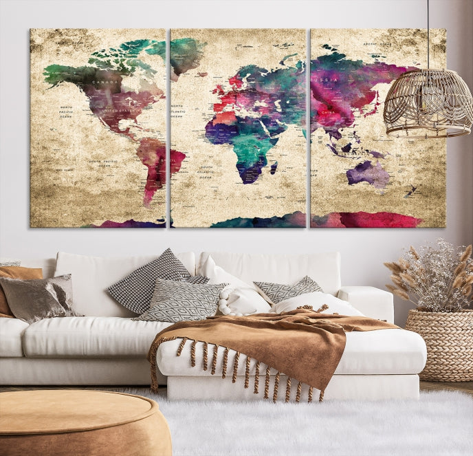 Framed Push Pin World Map Detailed Old Style Canvas Wall Art Print