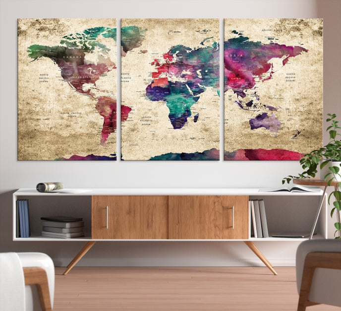 Framed Push Pin World Map Detailed Old Style Canvas Wall Art Print