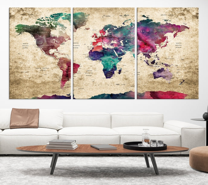 Framed Push Pin World Map Detailed Old Style Canvas Wall Art Print