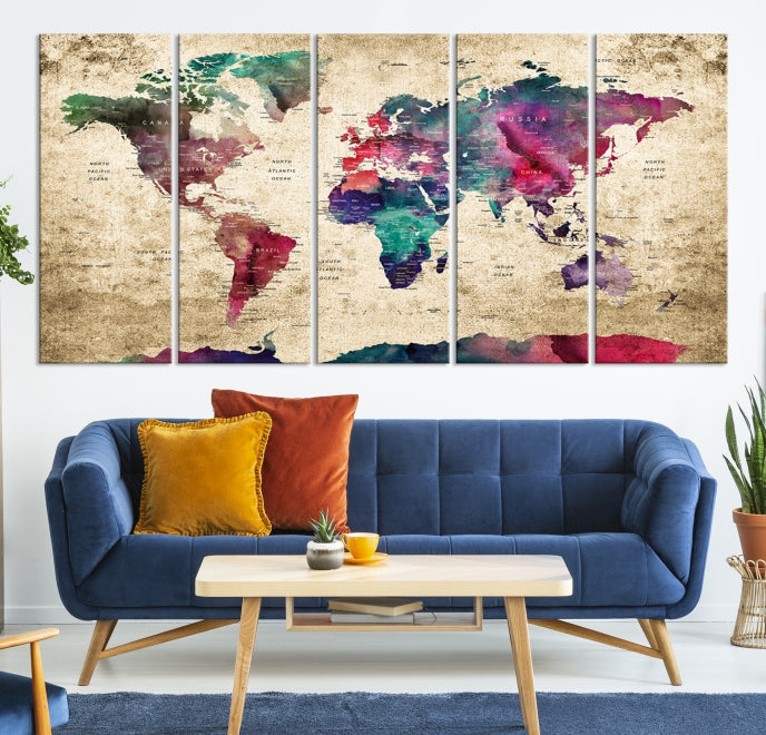 Framed Push Pin World Map Detailed Old Style Canvas Wall Art Print