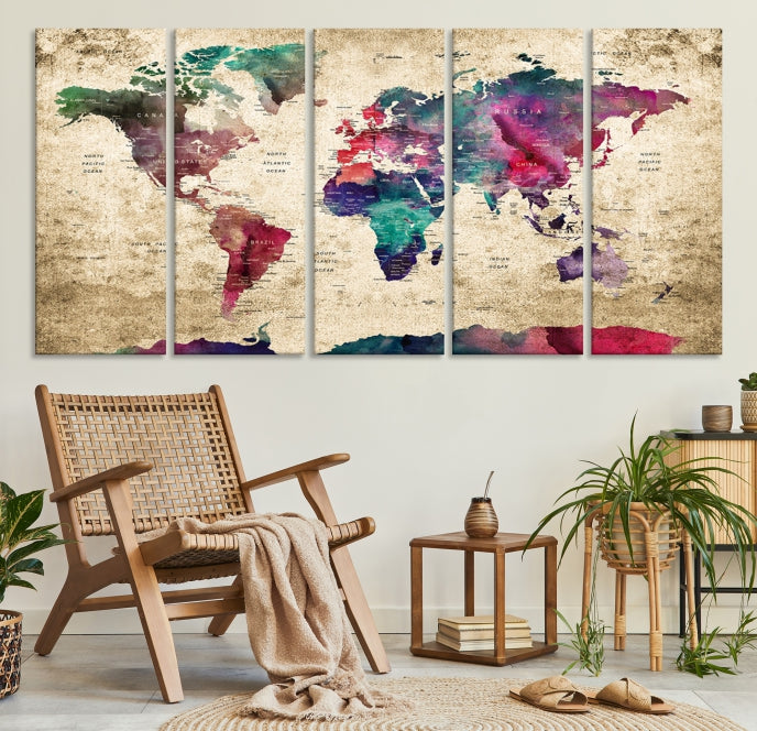 Framed Push Pin World Map Detailed Old Style Canvas Wall Art Print