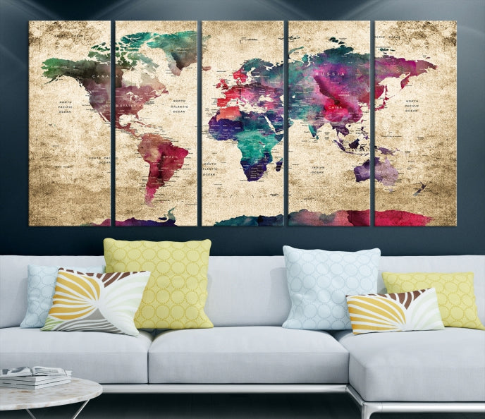 Framed Push Pin World Map Detailed Old Style Canvas Wall Art Print