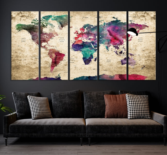 Framed Push Pin World Map Detailed Old Style Canvas Wall Art Print