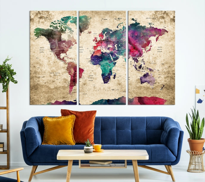 Framed Push Pin World Map Detailed Old Style Canvas Wall Art Print