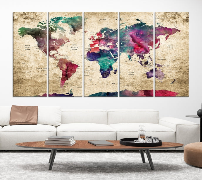 Framed Push Pin World Map Detailed Old Style Canvas Wall Art Print