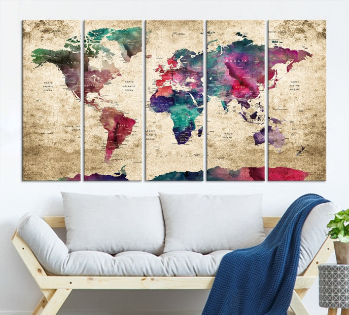 Framed Push Pin World Map Detailed Old Style Canvas Wall Art Print