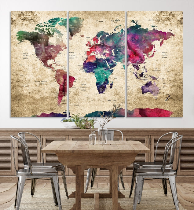 Framed Push Pin World Map Detailed Old Style Canvas Wall Art Print