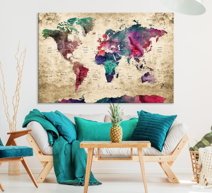 Framed Push Pin World Map Detailed Old Style Canvas Wall Art Print