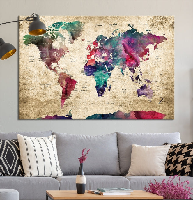 Framed Push Pin World Map Detailed Old Style Canvas Wall Art Print