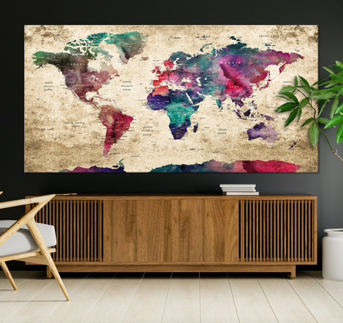 Framed Push Pin World Map Detailed Old Style Canvas Wall Art Print