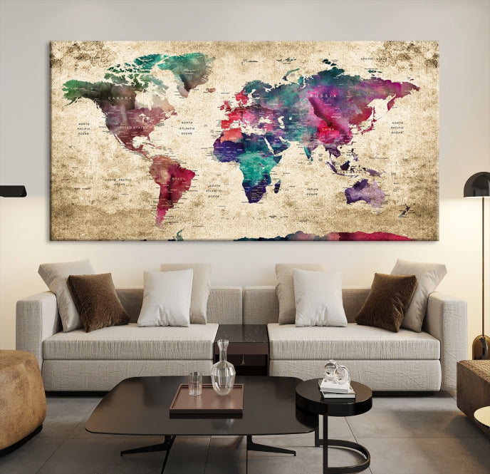 Framed Push Pin World Map Detailed Old Style Canvas Wall Art Print