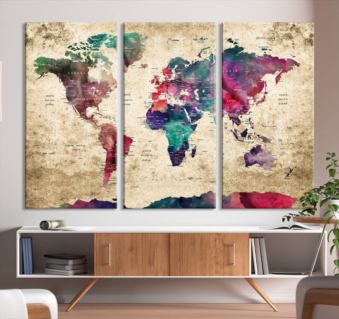 Framed Push Pin World Map Detailed Old Style Canvas Wall Art Print