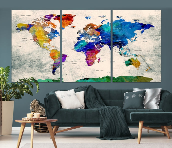 Framed Push Pin World Map Extra Large Wall Art Canvas Print Ready to Hang