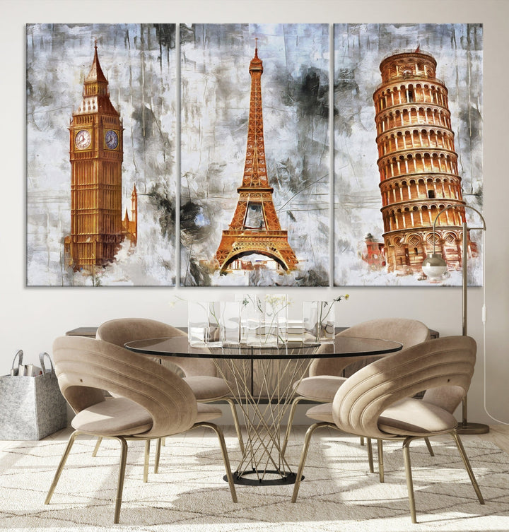 Framed Set of Big Ben Eiffel Tower and Tower of Pisa Canvas Wall Art Giclee Print