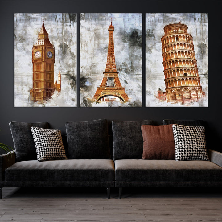 Framed Set of Big Ben Eiffel Tower and Tower of Pisa Canvas Wall Art Giclee Print