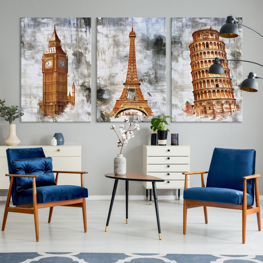 Framed Set of Big Ben Eiffel Tower and Tower of Pisa Canvas Wall Art Giclee Print