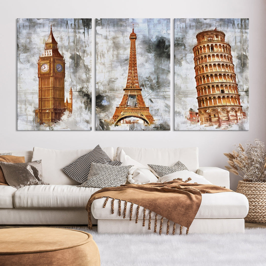 Framed Set of Big Ben Eiffel Tower and Tower of Pisa Canvas Wall Art Giclee Print