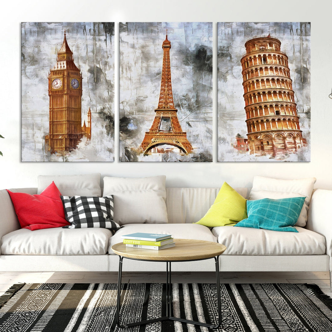 Framed Set of Big Ben Eiffel Tower and Tower of Pisa Canvas Wall Art Giclee Print