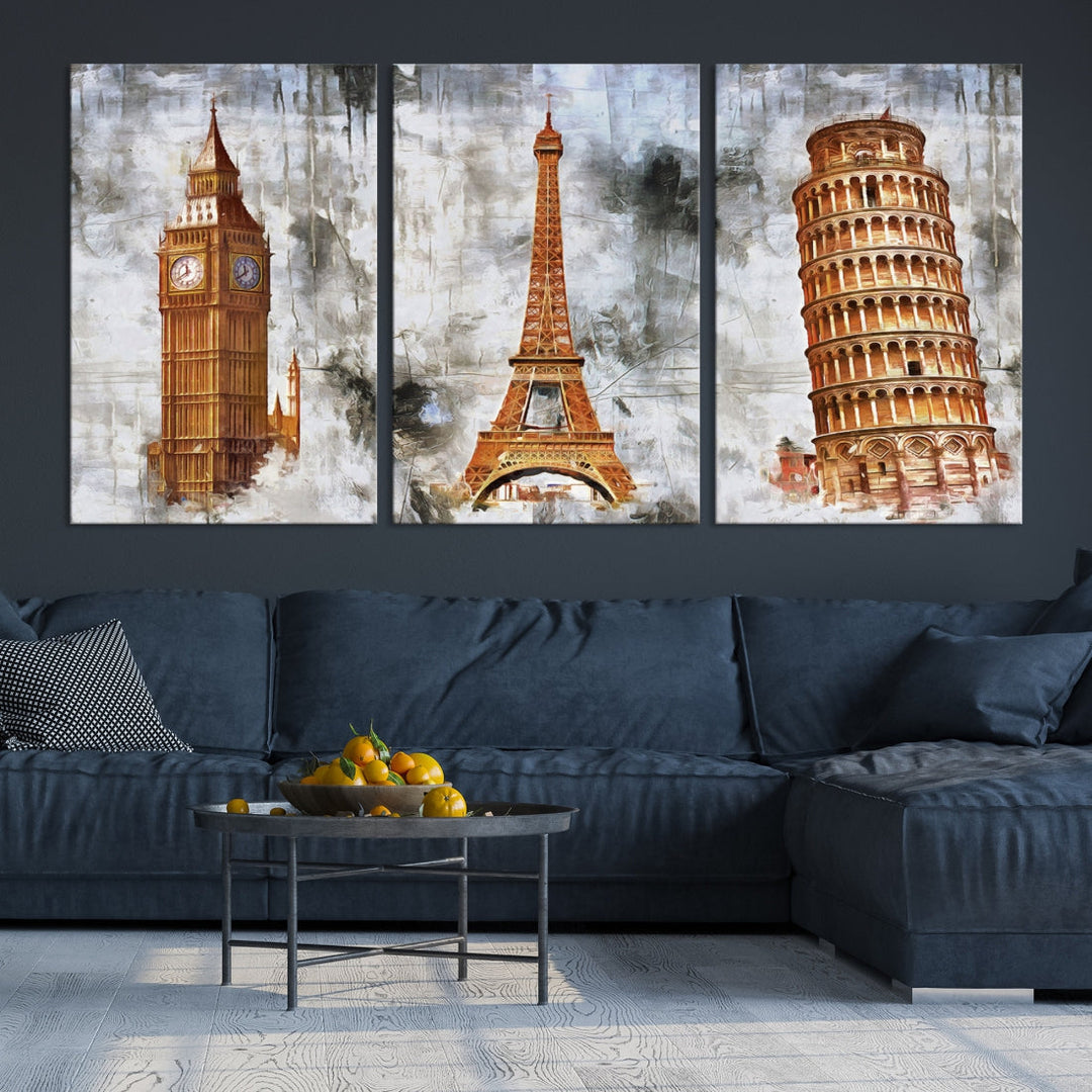 Framed Set of Big Ben Eiffel Tower and Tower of Pisa Canvas Wall Art Giclee Print