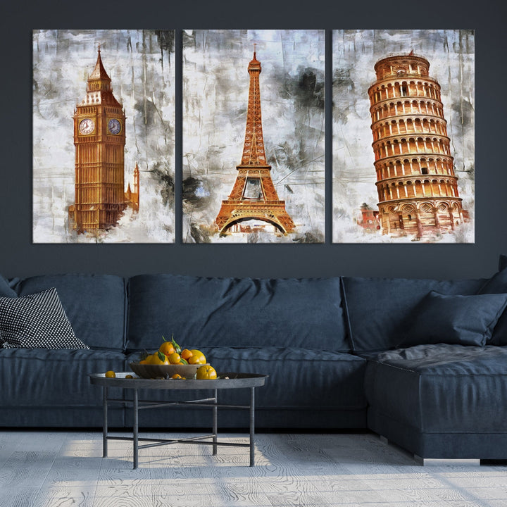 Framed Set of Big Ben Eiffel Tower and Tower of Pisa Canvas Wall Art Giclee Print