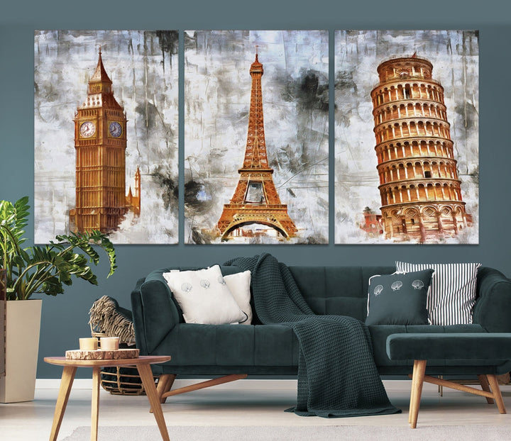 Framed Set of Big Ben Eiffel Tower and Tower of Pisa Canvas Wall Art Giclee Print