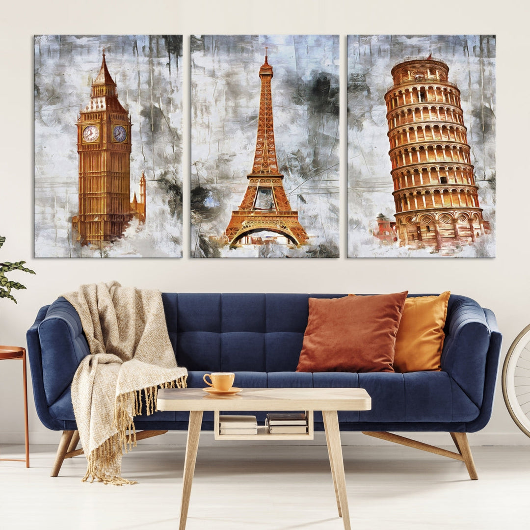 Framed Set of Big Ben Eiffel Tower and Tower of Pisa Canvas Wall Art Giclee Print