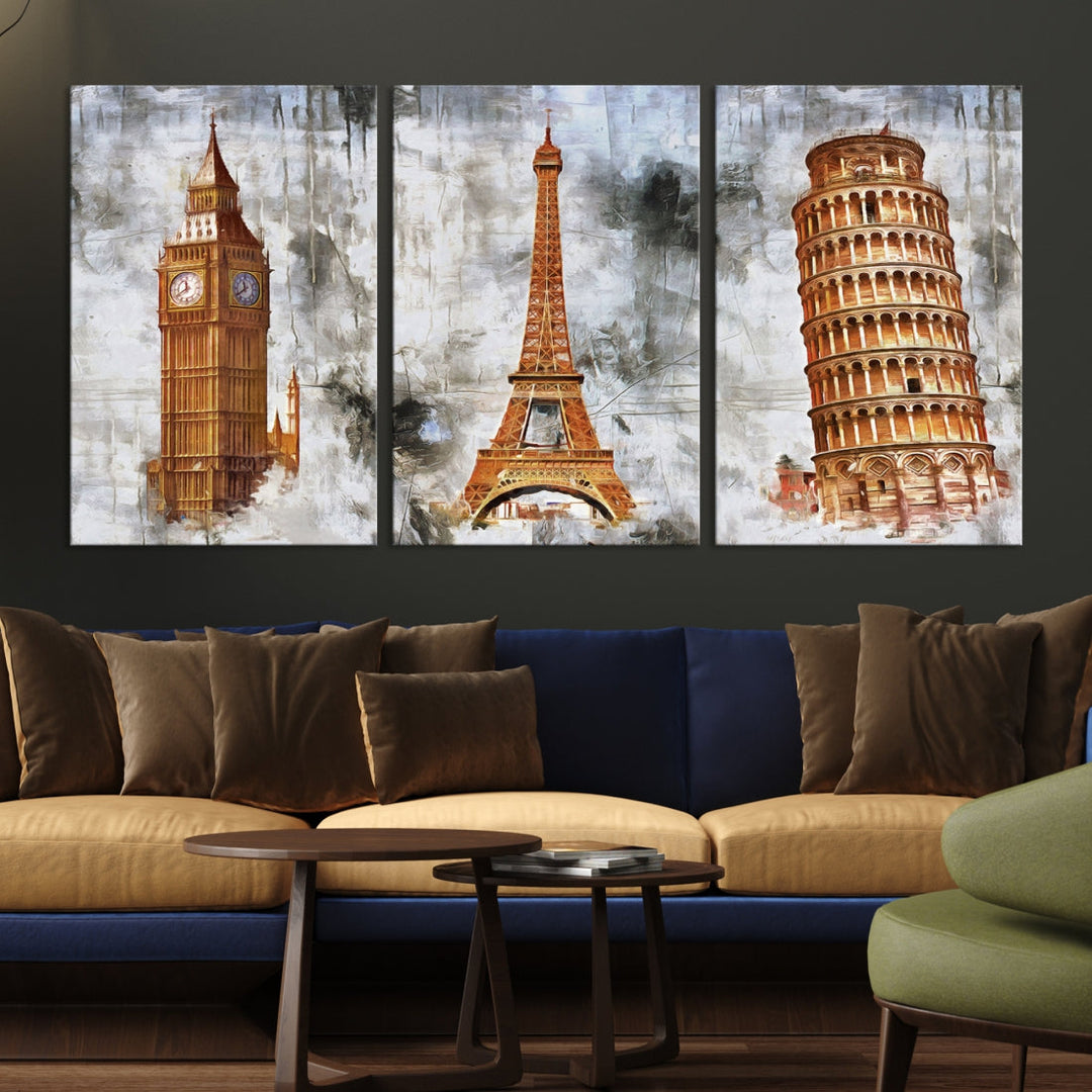 Framed Set of Big Ben Eiffel Tower and Tower of Pisa Canvas Wall Art Giclee Print