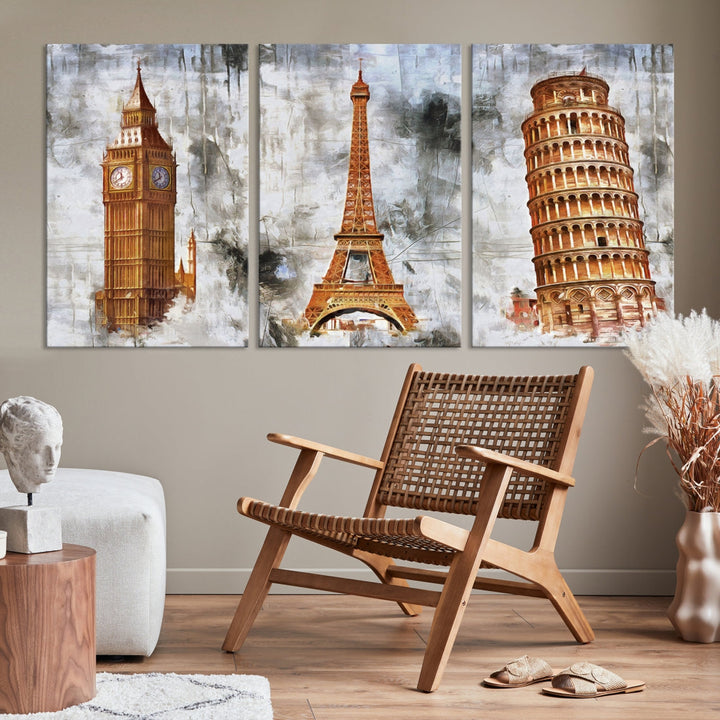 Framed Set of Big Ben Eiffel Tower and Tower of Pisa Canvas Wall Art Giclee Print