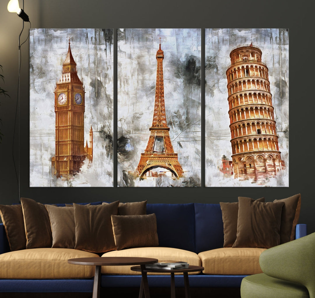 Framed Set of Big Ben Eiffel Tower and Tower of Pisa Canvas Wall Art Giclee Print