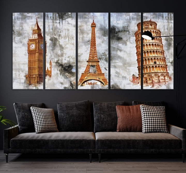 Framed Set of Big Ben Eiffel Tower and Tower of Pisa Canvas Wall Art Giclee Print