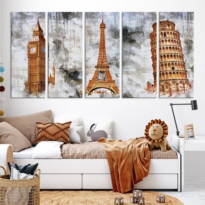 Framed Set of Big Ben Eiffel Tower and Tower of Pisa Canvas Wall Art Giclee Print