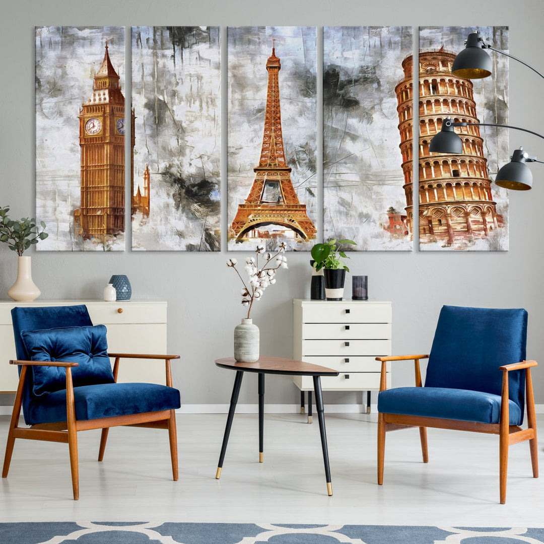 Framed Set of Big Ben Eiffel Tower and Tower of Pisa Canvas Wall Art Giclee Print